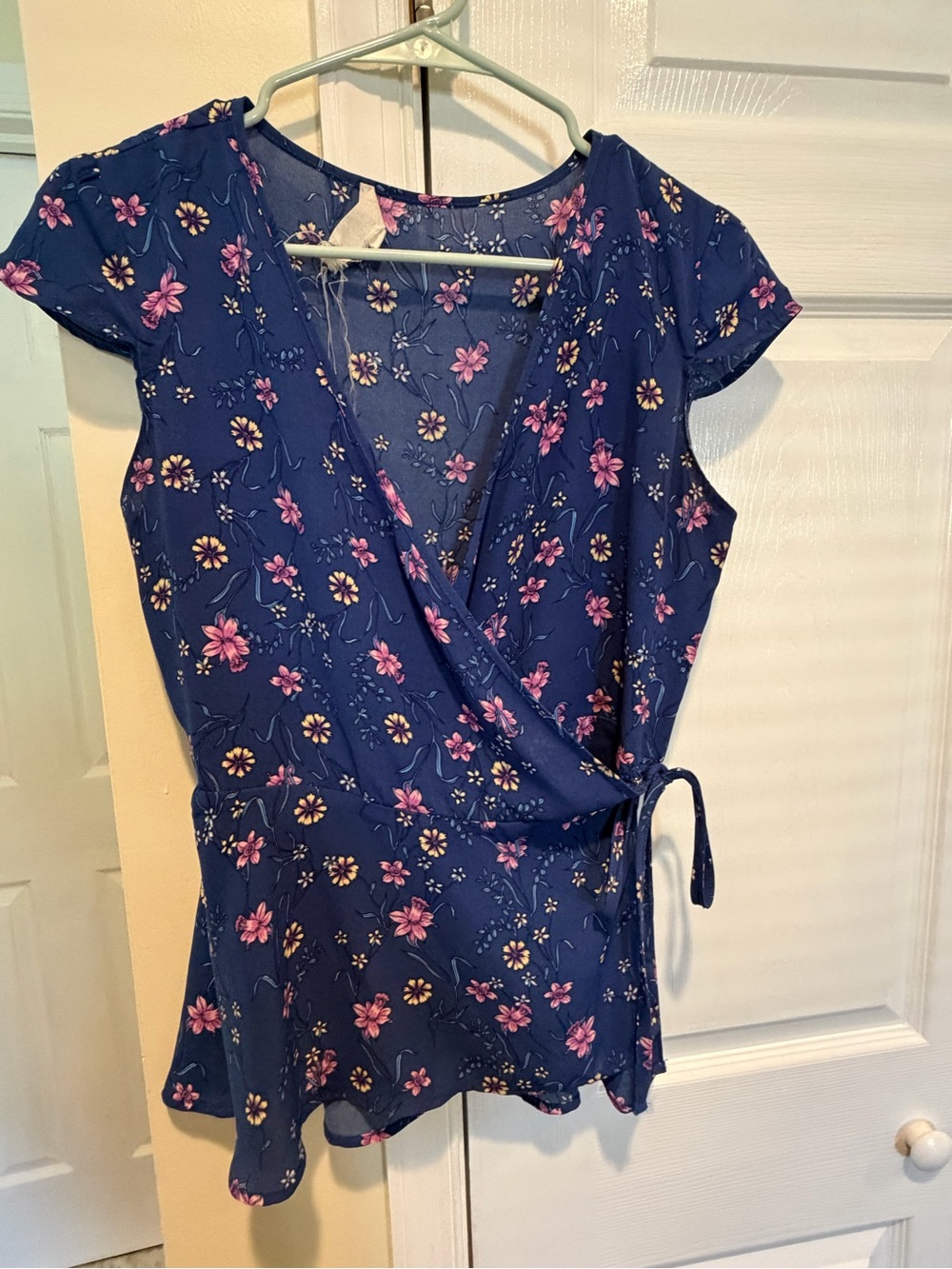 Pink Rose Navy Wrap Blouse with Pink &Yellow Floral Print